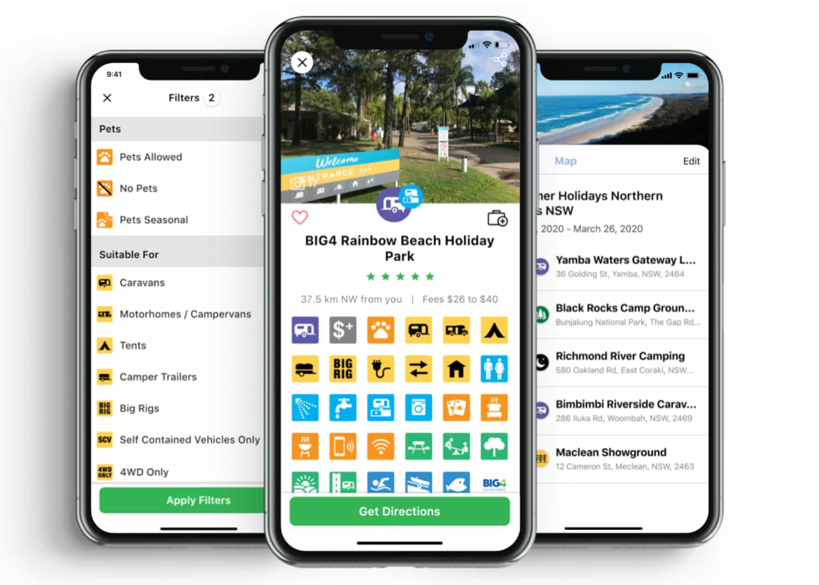 Three smartphones displaying features of a camping app including pet filters, detailed campground info for BIG4 Rainbow Beach Holiday Park, and a list of nearby caravan parks with directions and facilities.