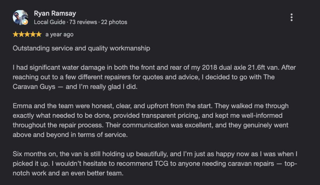Client testimonial giving The Caravan Guys 5 stars