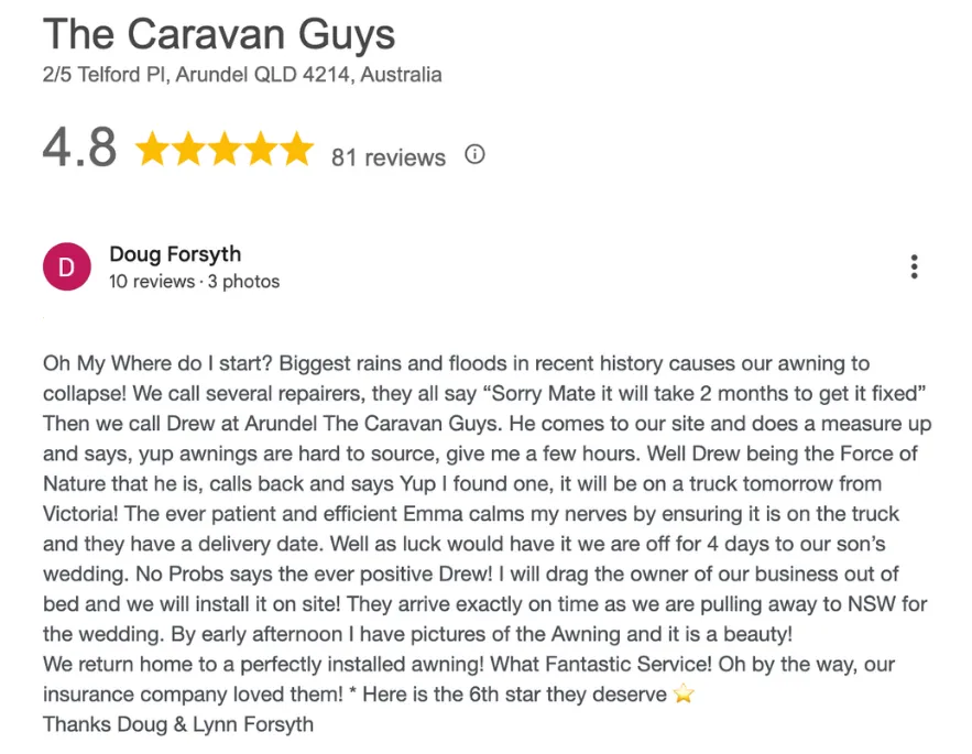 A customer review of 5 stars after an Awning Collapse and an incredible repair by The Caravan Guys.